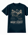 Front of the Midnight Blue Voltare Mount Everest Roof of the World tee, featuring mountain and prayer flag artwork above historical facts, a location map, coordinates and Mount Everest Roof of the World lettering