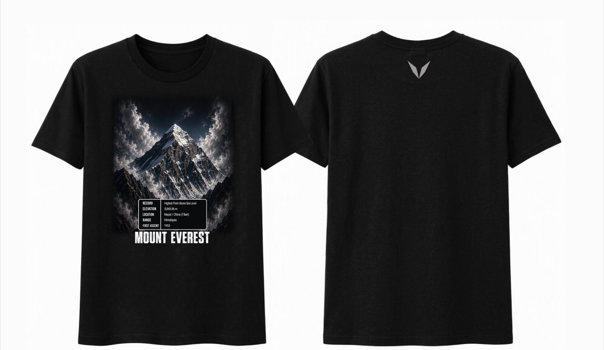 Front and back views of the Voltare Mount Everest black tee with mountain artwork and a grey Voltare V