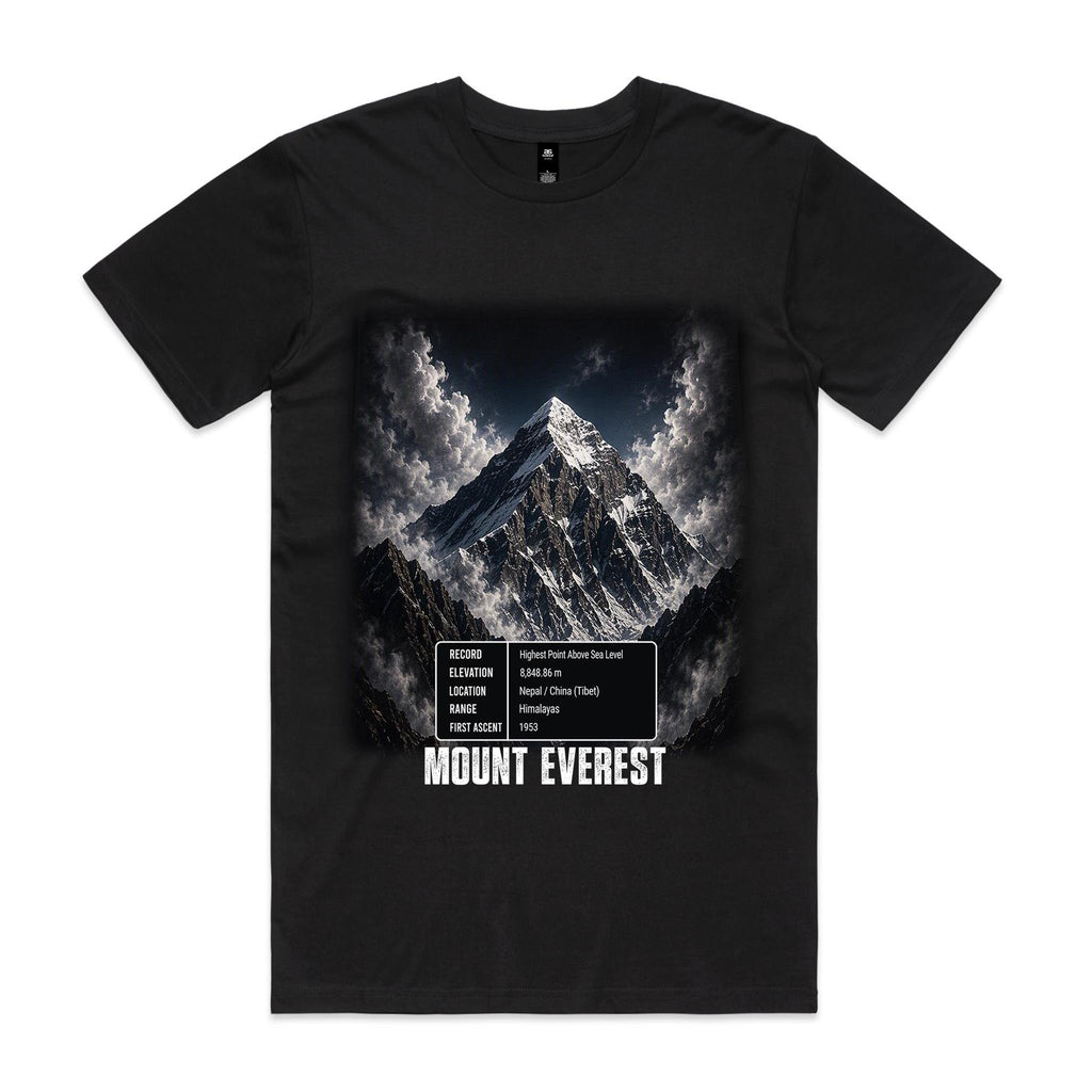 Voltare Mount Everest black tee with a snow-covered summit, swirling clouds, a five-fact panel and MOUNT EVEREST lettering on the front