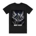 Voltare Mount Everest black tee with a snow-covered summit, swirling clouds, a five-fact panel and MOUNT EVEREST lettering on the front