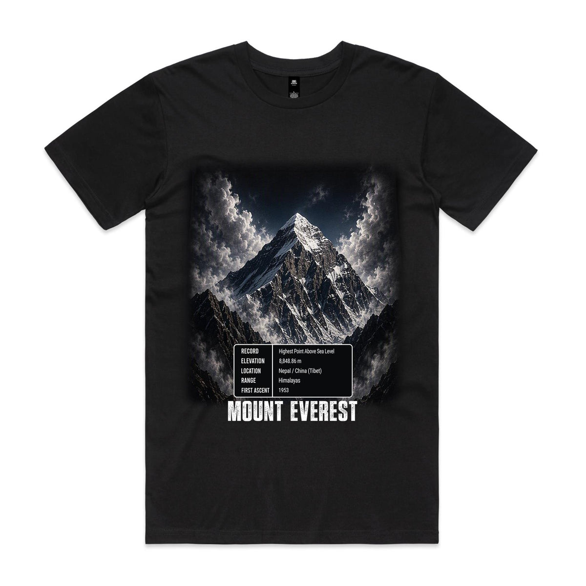 Voltare Mount Everest black tee with a snow-covered summit, swirling clouds, a five-fact panel and MOUNT EVEREST lettering on the front