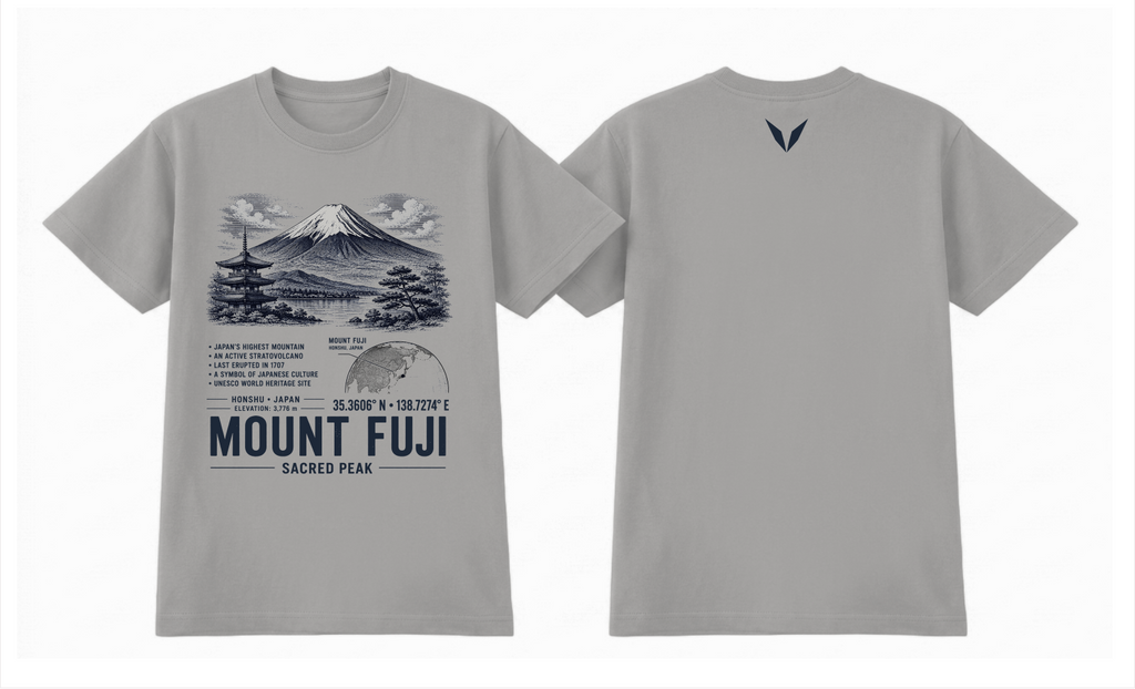Front and back of the Grey Marle Voltare Mount Fuji Sacred Peak tee, showing mountain, pagoda and lake artwork above facts, a Japan map, coordinates and landmark lettering, with a small dark Voltare V high on the back