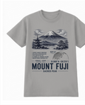 Front of the Grey Marle Voltare Mount Fuji Sacred Peak tee, featuring Mount Fuji, pagoda and lake artwork above historical facts, a Japan location map, coordinates and Mount Fuji Sacred Peak lettering
