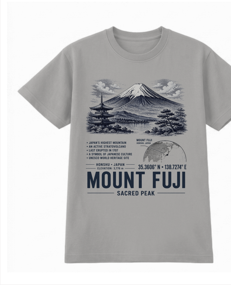Front of the Grey Marle Voltare Mount Fuji Sacred Peak tee, featuring Mount Fuji, pagoda and lake artwork above historical facts, a Japan location map, coordinates and Mount Fuji Sacred Peak lettering