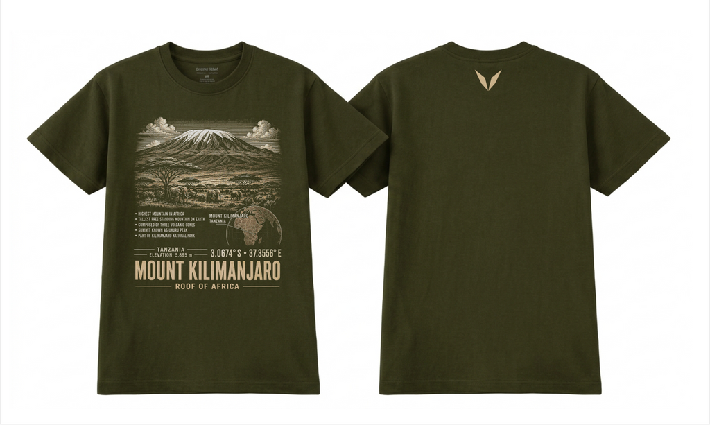 Front and back of the Voltare Mount Kilimanjaro Roof of Africa tee on green shirts, showing mountain, elephant and savanna artwork above facts, a Tanzania map, coordinates and landmark lettering, with a small warm sand Voltare V high on the back