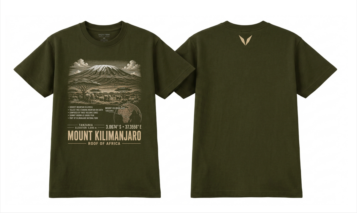 Front and back of the Voltare Mount Kilimanjaro Roof of Africa tee on green shirts, showing mountain, elephant and savanna artwork above facts, a Tanzania map, coordinates and landmark lettering, with a small warm sand Voltare V high on the back