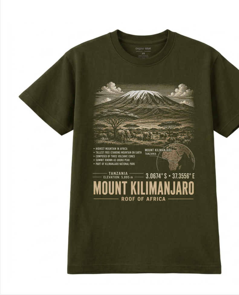 Front of the Voltare Mount Kilimanjaro Roof of Africa tee on a green shirt, featuring mountain, elephant and savanna artwork above facts, a Tanzania location map, coordinates and Mount Kilimanjaro Roof of Africa lettering