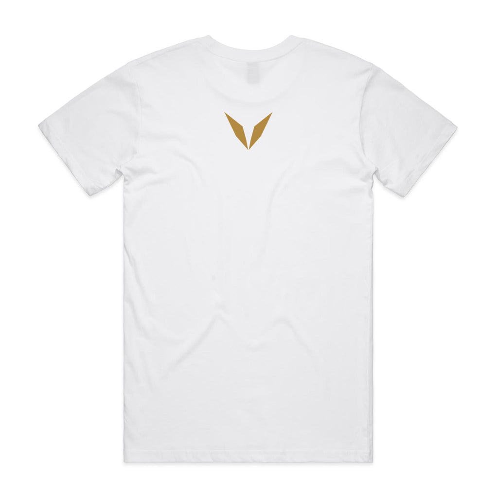 Back of the White Voltare Mulloway Tide Ghost Fishing tee with a golden Voltare V high on the back