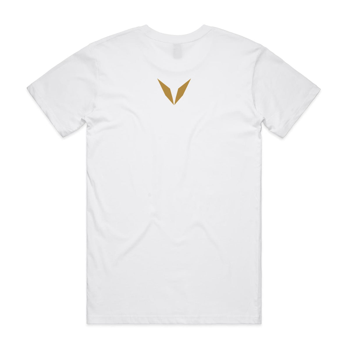 Back of the White Voltare Mulloway Tide Ghost Fishing tee with a golden Voltare V high on the back