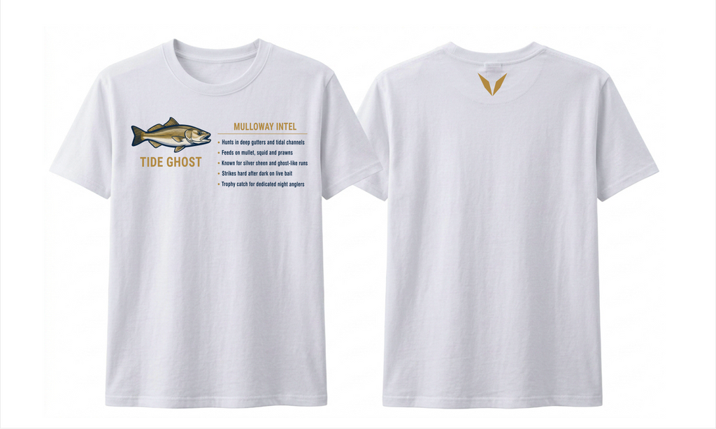 Front and back preview of the White Voltare Mulloway Tide Ghost Fishing tee with coloured mulloway artwork, a fishing fact panel and a golden back V