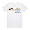 White Voltare Mulloway Tide Ghost fishing tee featuring a coloured mulloway illustration, Tide Ghost lettering and a Mulloway Intel fishing fact panel