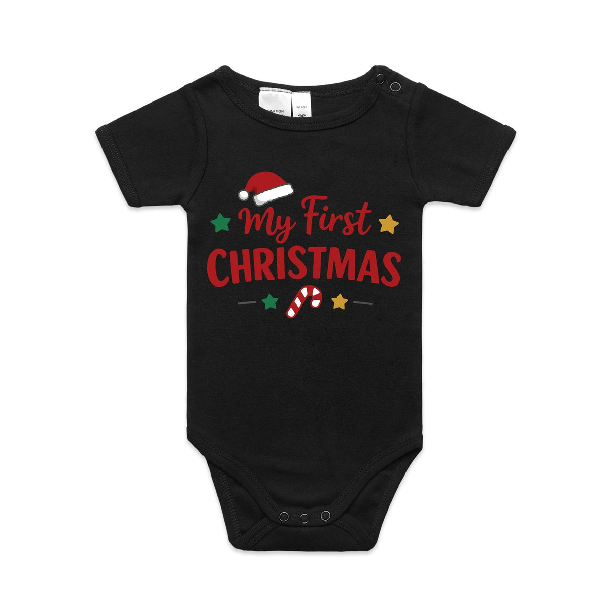 Front of the Black Voltare My First Christmas organic infant one-piece with red lettering, a Santa hat, candy cane and green and gold stars
