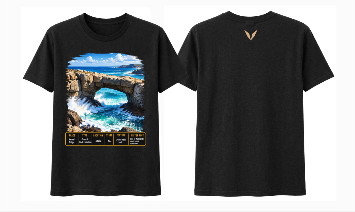 Combined front and back preview of Voltare Black Natural Bridge T-shirt with coastal arch artwork, a fact panel and sandy tan Voltare V.
