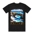 Front of Voltare Black Natural Bridge T-shirt featuring a coastal rock arch, turquoise surf and a Western Australia fact panel.