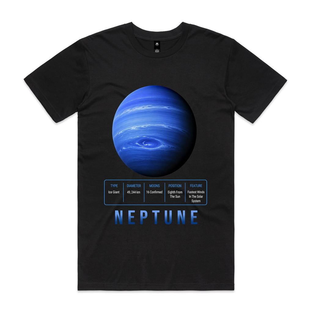 Front of Voltare Neptune black tee with vivid blue planet artwork, sweeping cloud bands, swirling storm, planet-facts panel and blue-gradient lettering