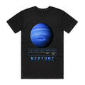 Front of Voltare Neptune black tee with vivid blue planet artwork, sweeping cloud bands, swirling storm, planet-facts panel and blue-gradient lettering
