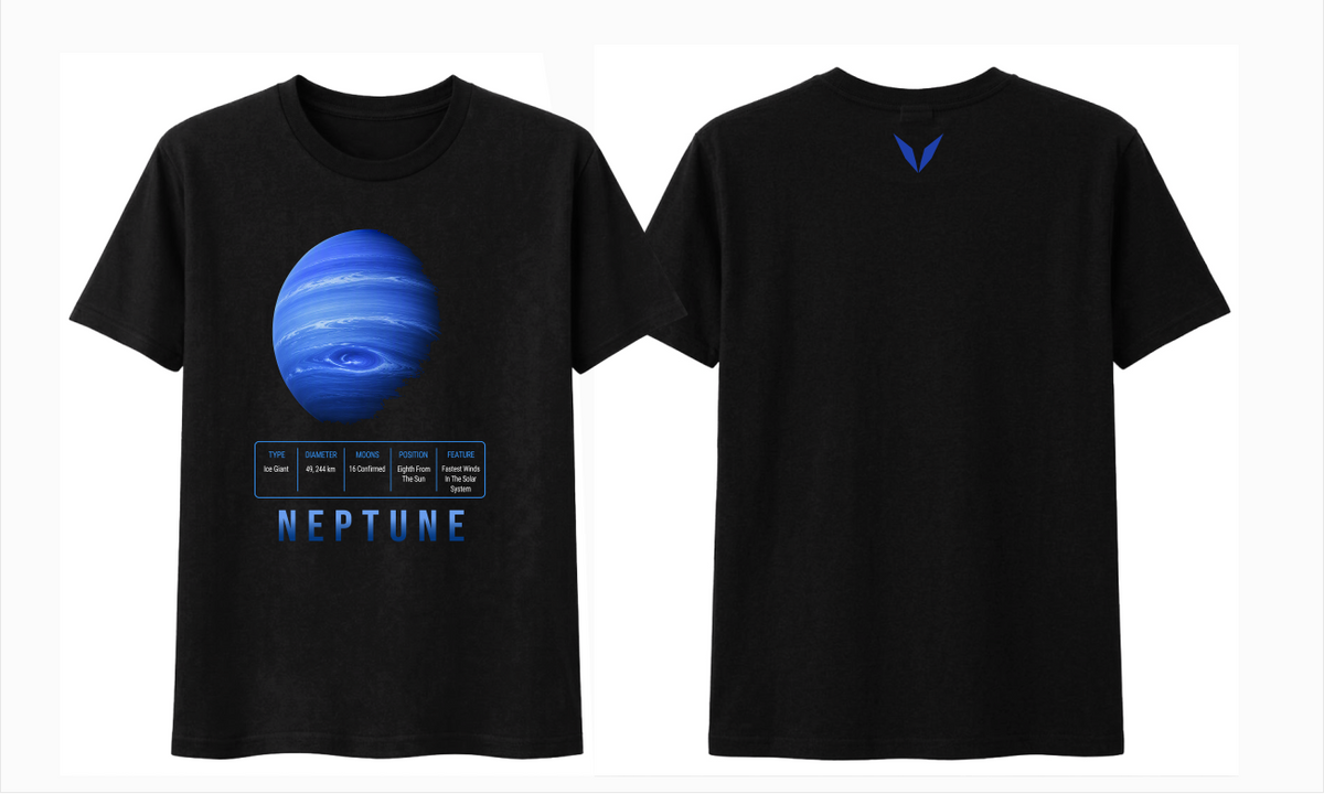 Front and back preview of Voltare Neptune black tee with blue planet artwork, planet-facts panel and deep-blue Voltare V logo