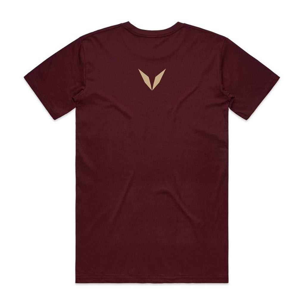 Voltare Neuschwanstein Castle Fairy-Tale Retreat tee in Burgundy, back with small muted gold Voltare V