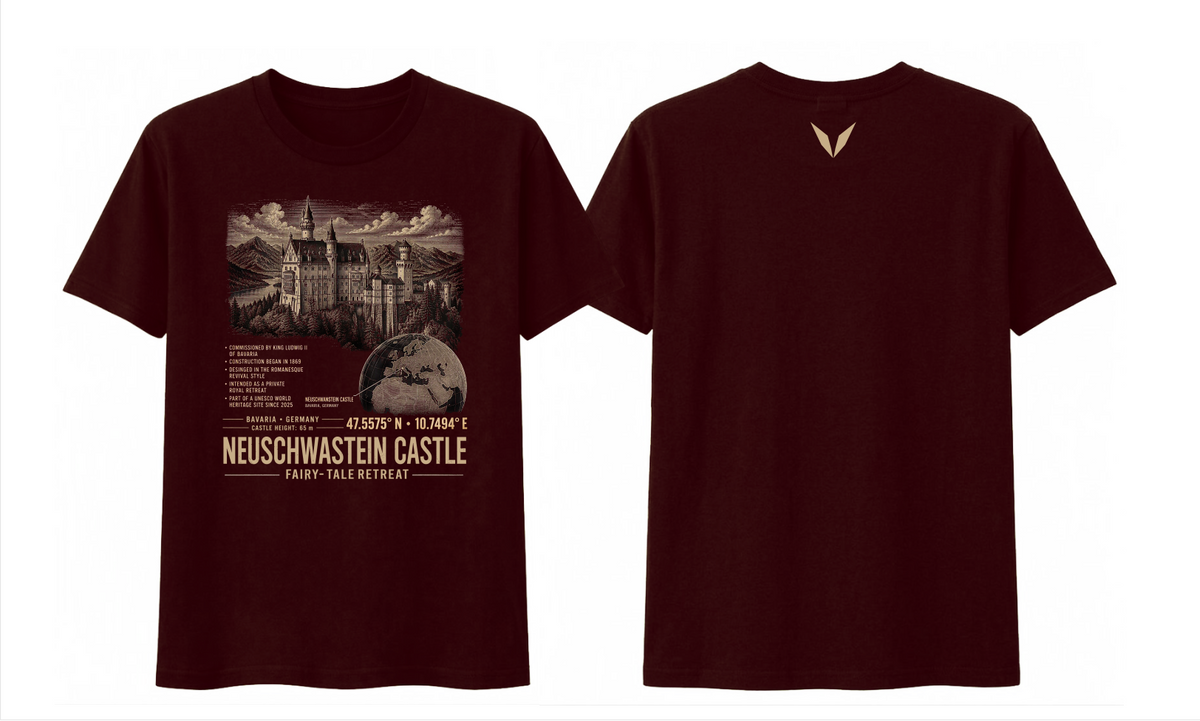 Front and back of the Burgundy Voltare Neuschwanstein Castle Fairy-Tale Retreat tee, showing castle and Bavarian mountain artwork above facts, a map, coordinates and landmark lettering, with a small muted gold Voltare V high on the back



