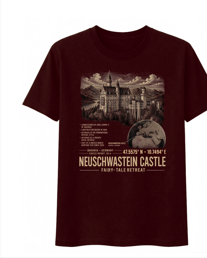 Front of the Burgundy Voltare Neuschwanstein Castle Fairy-Tale Retreat tee, featuring castle and Bavarian mountain artwork above historical facts, a location map, coordinates and Neuschwanstein Castle Fairy-Tale Retreat lettering