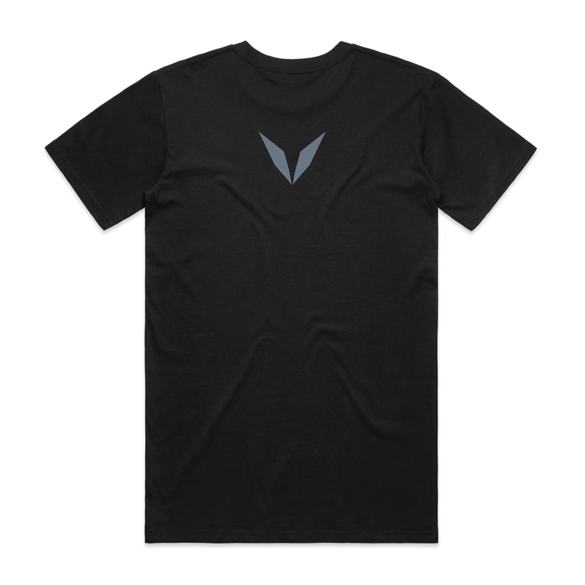 Back of the Black Voltare Ninja tee with a slate-grey Voltare V high on the back