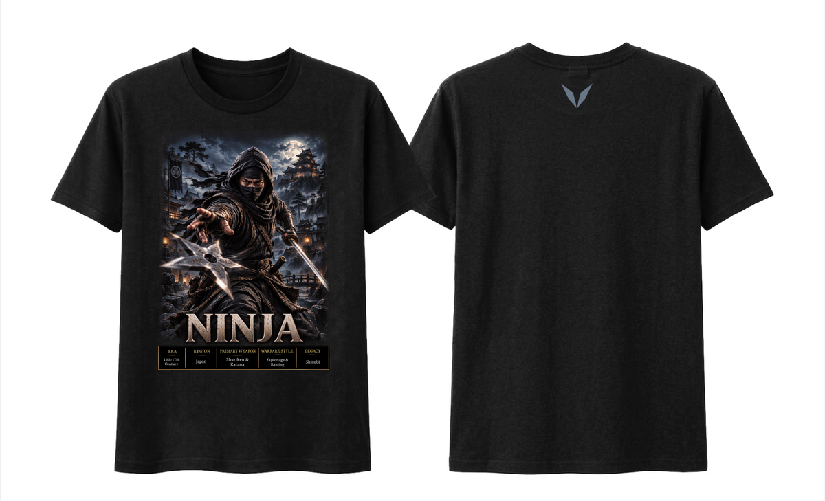 Front and back preview of the Black Voltare Ninja tee showing moonlit shinobi artwork and a slate-grey Voltare V