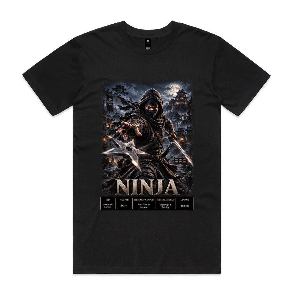 Black Voltare Ninja tee featuring a masked shinobi with a throwing star and sword, moonlit castle scenery and historical fact panels