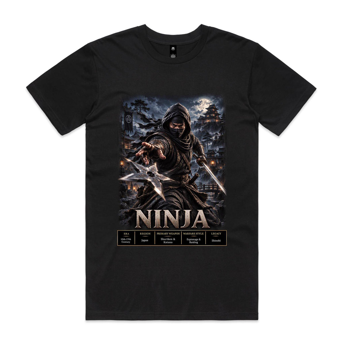 Black Voltare Ninja tee featuring a masked shinobi with a throwing star and sword, moonlit castle scenery and historical fact panels