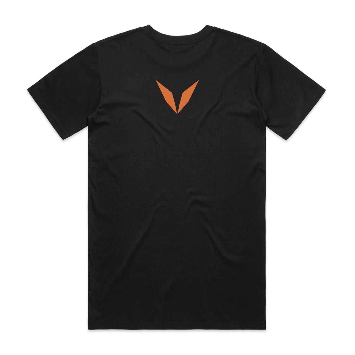 Back of Voltare Olympus Mons Cosmic Wonders black tee with burnt-orange Voltare V logo