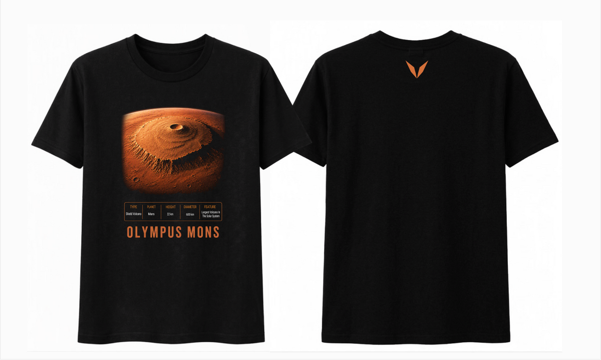 Front and back preview of Voltare Olympus Mons black tee with Martian volcano artwork, volcano-facts panel and burnt-orange Voltare V logo
