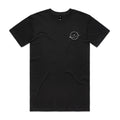 Front of the Black Voltare Orbit Graphic Tee with a small white circular orbital design and tilted ring on the left chest