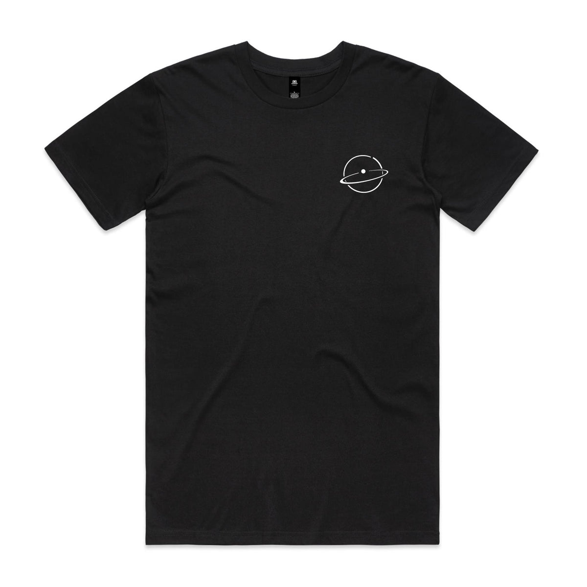 Front of the Black Voltare Orbit Graphic Tee with a small white circular orbital design and tilted ring on the left chest