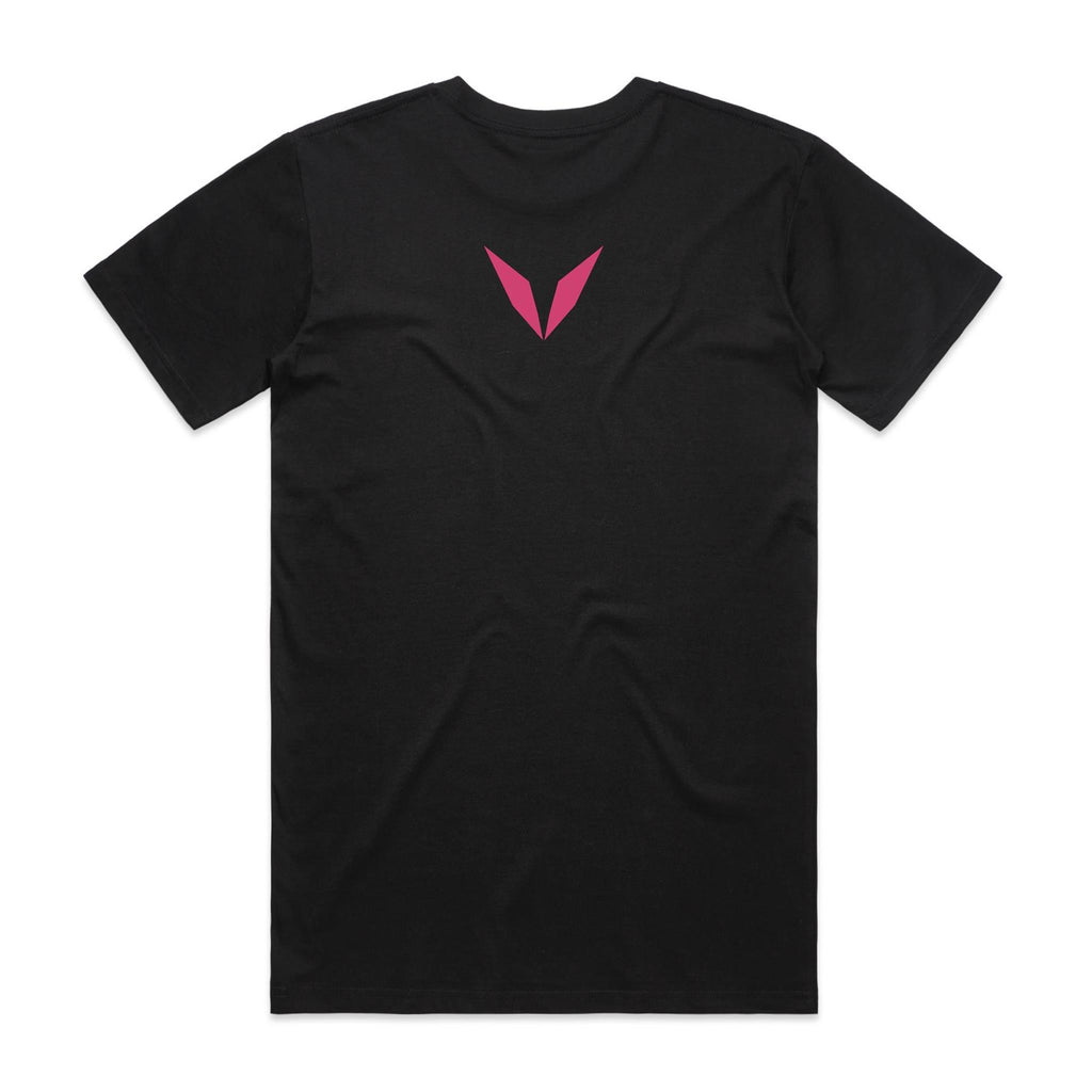 Back of Voltare Orion Nebula Cosmic Wonders black tee with pink Voltare V logo