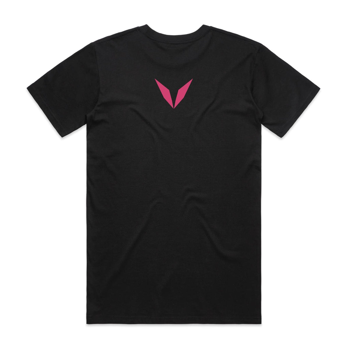 Back of Voltare Orion Nebula Cosmic Wonders black tee with pink Voltare V logo