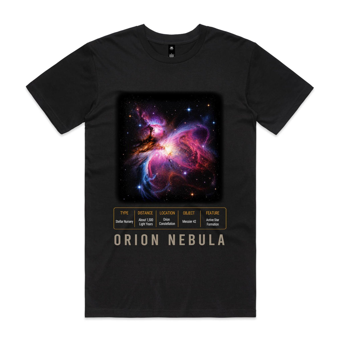 Front of Voltare Orion Nebula black tee with pink, violet and blue cosmic clouds, a glowing centre, stars, space-facts panel and silver-grey lettering