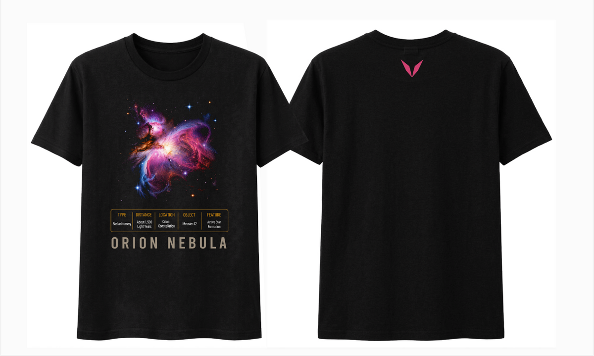 Front and back preview of Voltare Orion Nebula black tee with colourful nebula artwork, space-facts panel and pink Voltare V logo