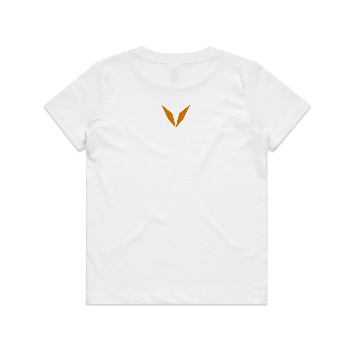 Back of the white Voltare Pachycephalosaurus kids tee with a golden-orange Voltare V below the neckline.