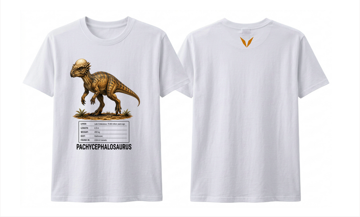 Front and back preview of the white Voltare Pachycephalosaurus kids tee, showing dinosaur artwork and facts on the front and a golden-orange V on the back.