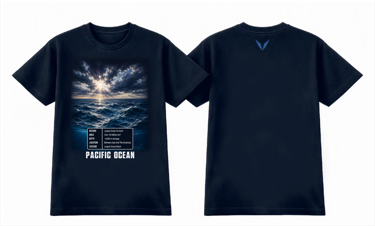 Front and back views of the Voltare Pacific Ocean navy tee with ocean artwork and a blue Voltare V