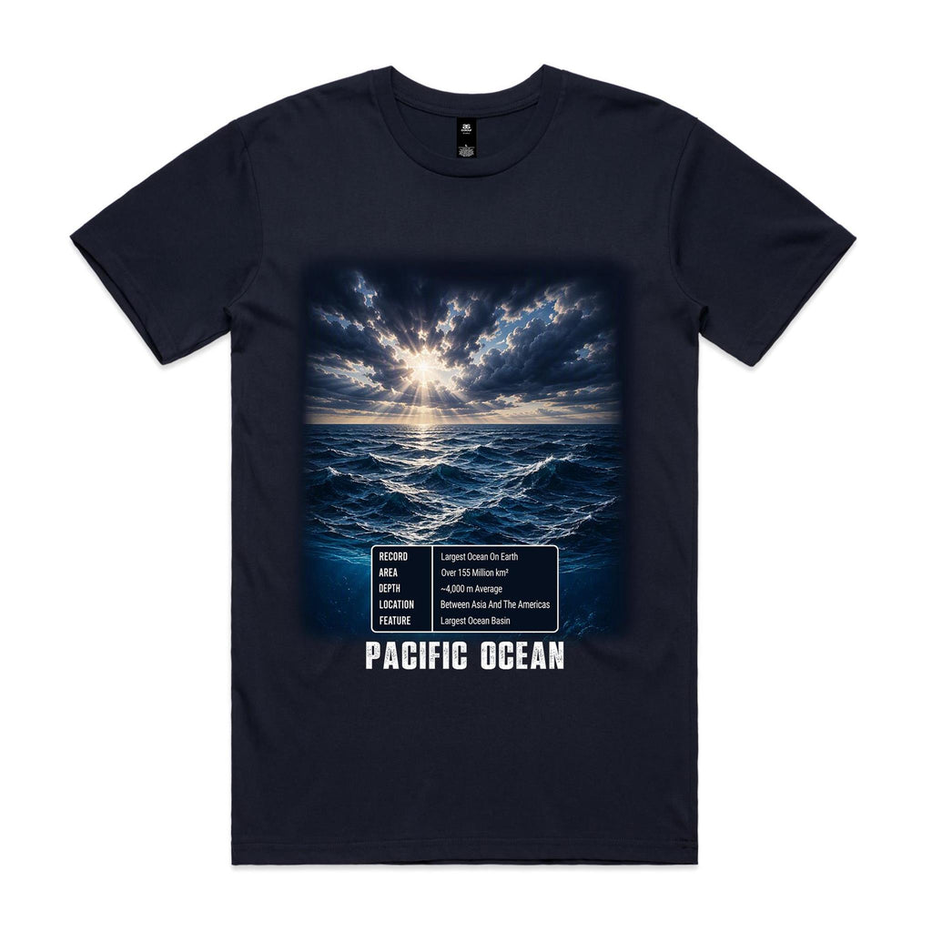 Voltare Pacific Ocean navy tee with ocean waves, sunlit storm clouds, a five-fact panel and PACIFIC OCEAN lettering on the front
