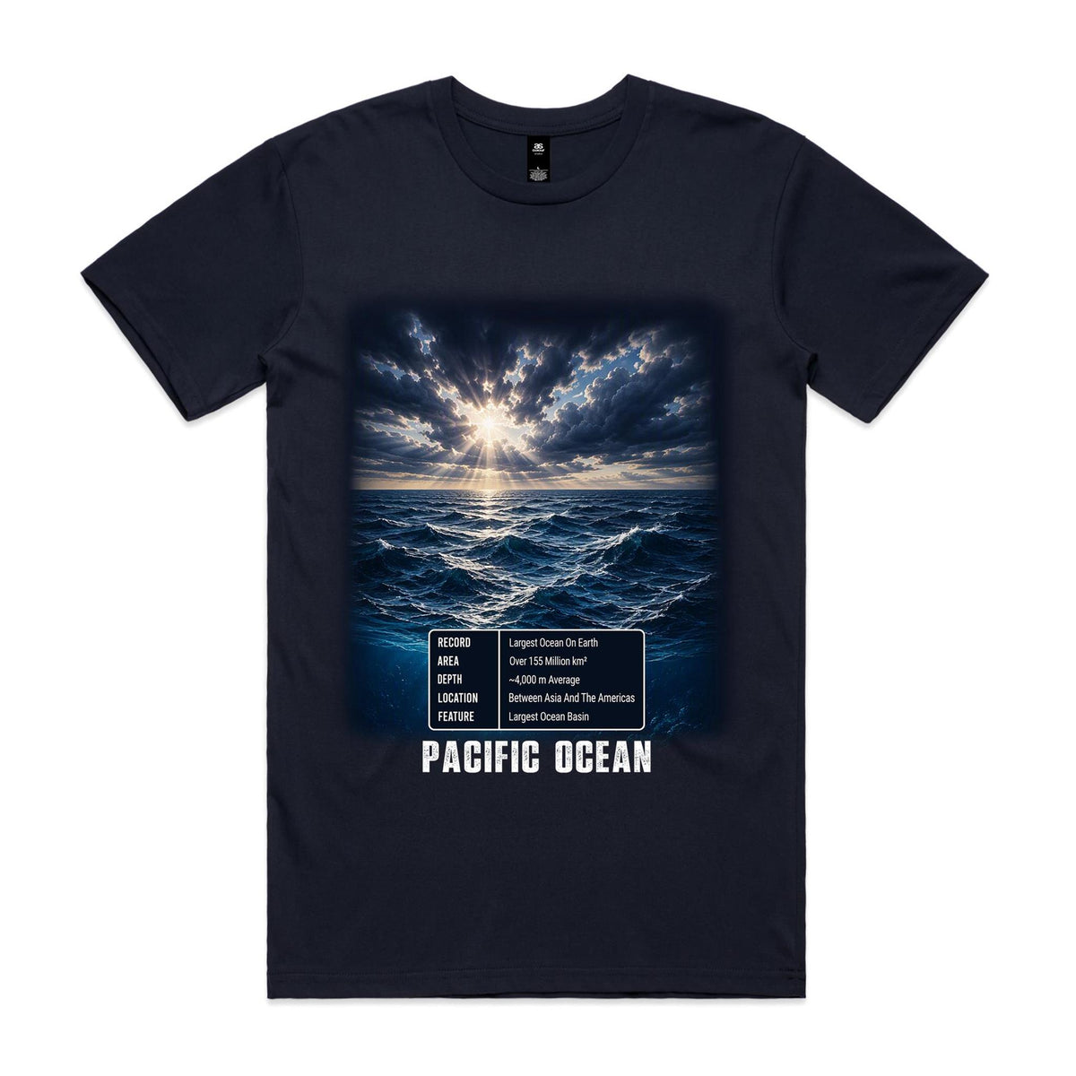 Voltare Pacific Ocean navy tee with ocean waves, sunlit storm clouds, a five-fact panel and PACIFIC OCEAN lettering on the front
