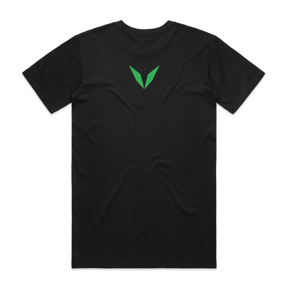 Back of the black Voltare Panther Chameleon Colour Heroes Worldwide T-shirt with a small green Voltare V logo at the upper back.