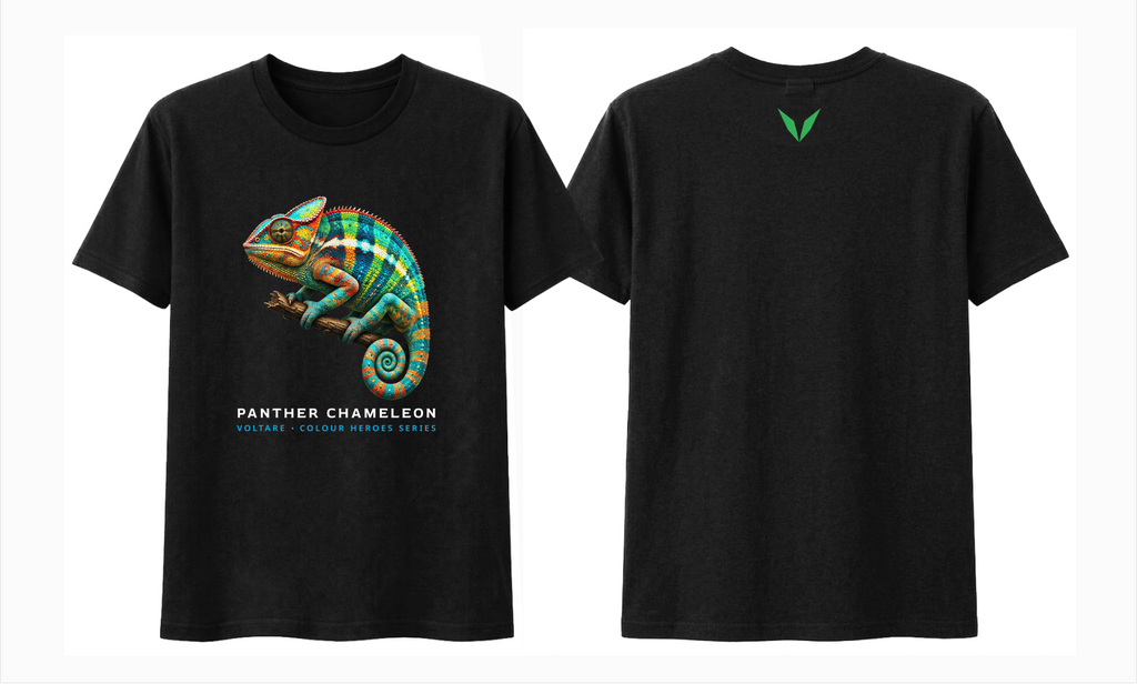 Front and back preview of the black Voltare Panther Chameleon Colour Heroes Worldwide T-shirt, with chameleon artwork on the front and a green Voltare V on the back.