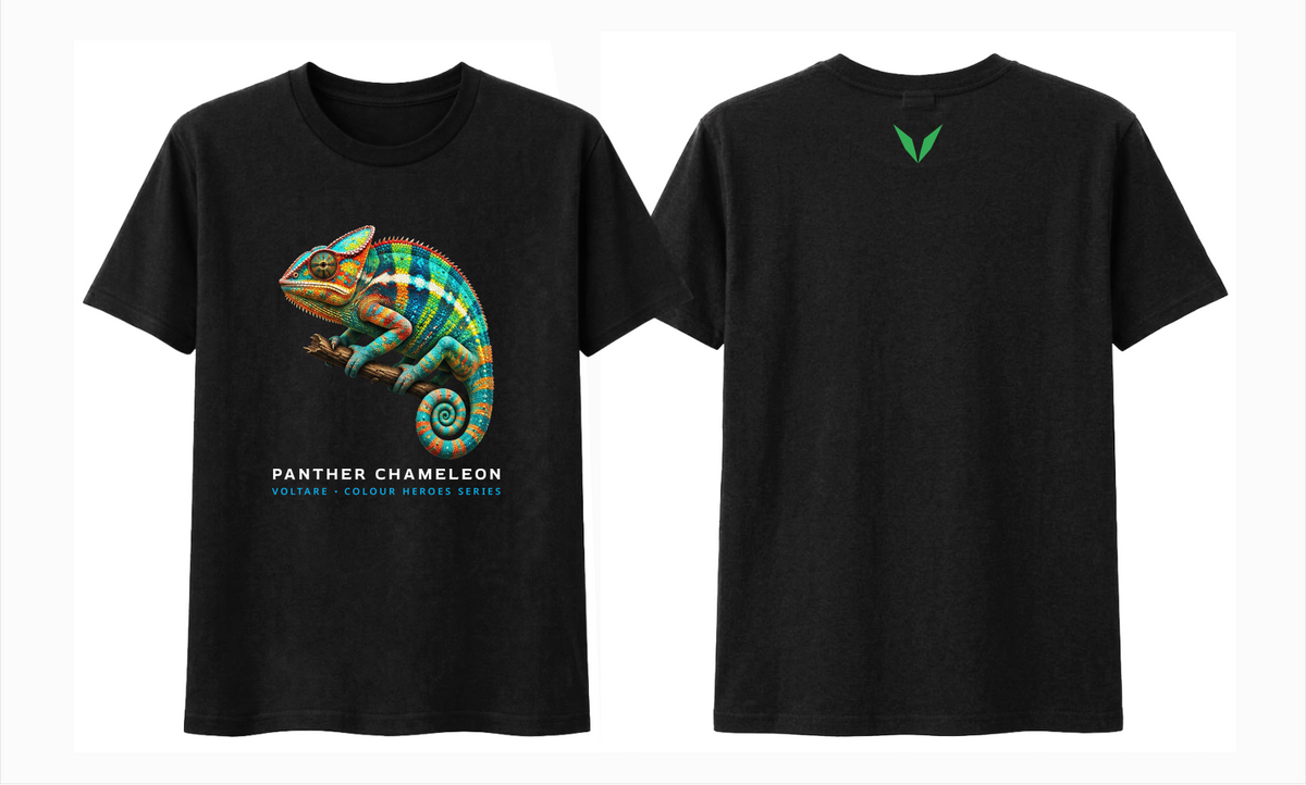 Front and back preview of the black Voltare Panther Chameleon Colour Heroes Worldwide T-shirt, with chameleon artwork on the front and a green Voltare V on the back.