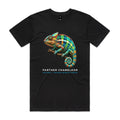 Front of the black Voltare Panther Chameleon Colour Heroes Worldwide T-shirt with a multicoloured chameleon perched on a branch and a tightly curled tail.