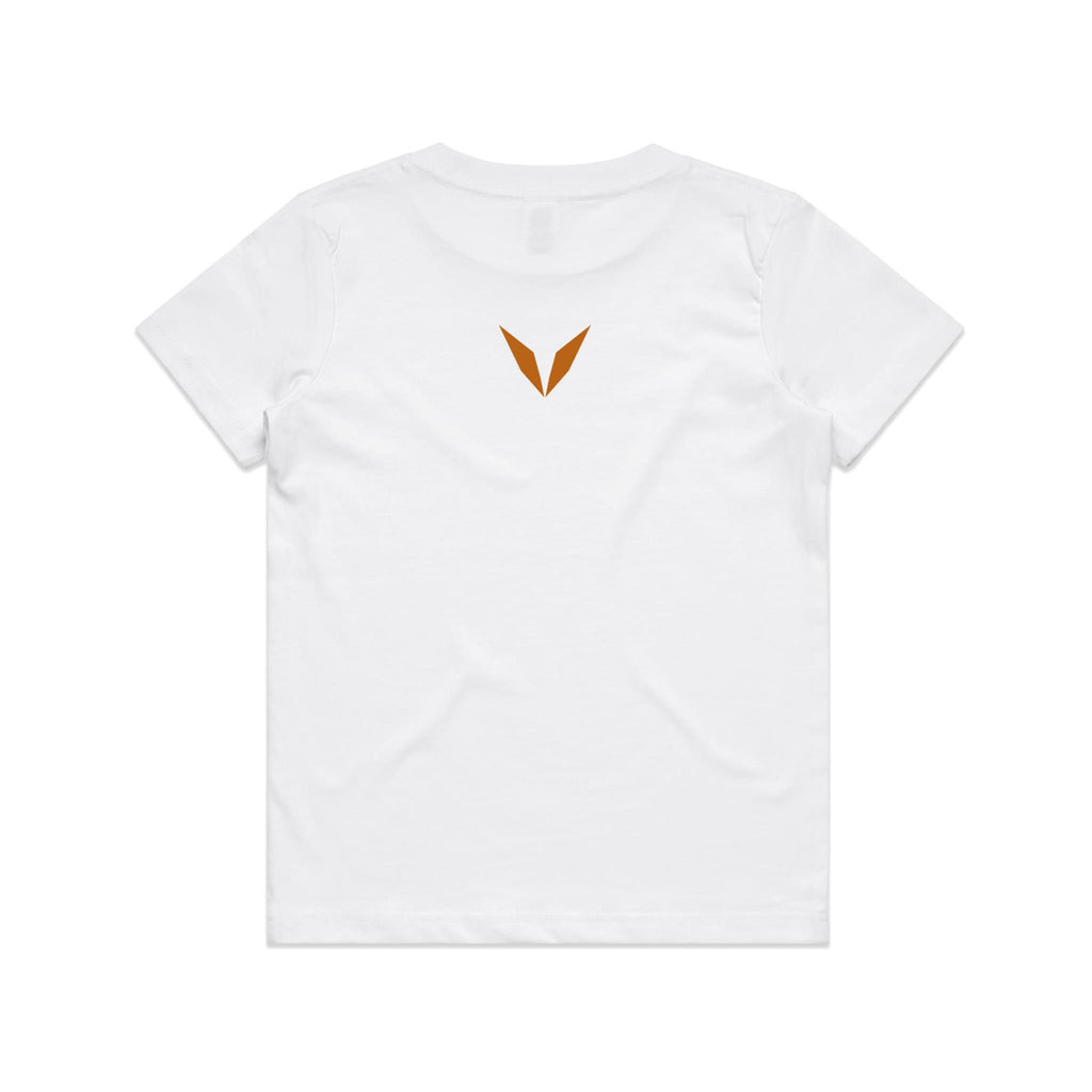 Back of the white Voltare Parasaurolophus kids tee with a burnt-orange Voltare V below the neckline