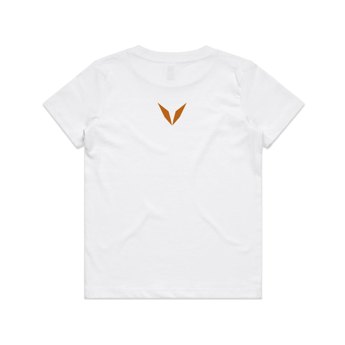 Back of the white Voltare Parasaurolophus kids tee with a burnt-orange Voltare V below the neckline