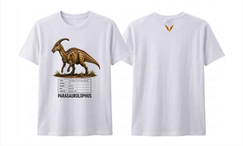 Front and back preview of the white Voltare Parasaurolophus kids tee, showing crested dinosaur artwork and facts on the front and a burnt-orange V on the back.