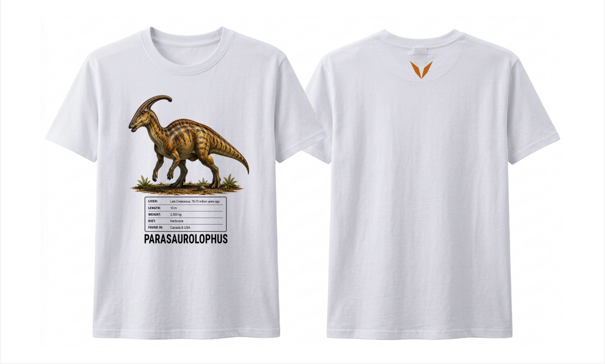 Front and back preview of the white Voltare Parasaurolophus kids tee, showing crested dinosaur artwork and facts on the front and a burnt-orange V on the back.