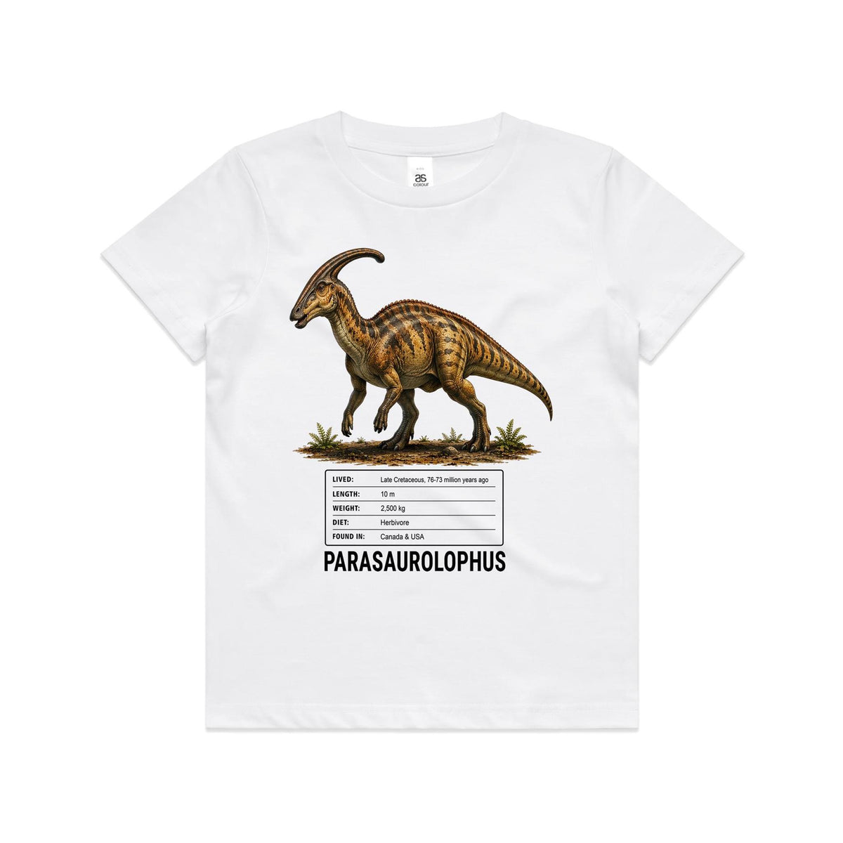 White Voltare kids tee with golden-brown Parasaurolophus artwork, a backward-curving head crest, dinosaur facts panel and black Parasaurolophus lettering on the front.